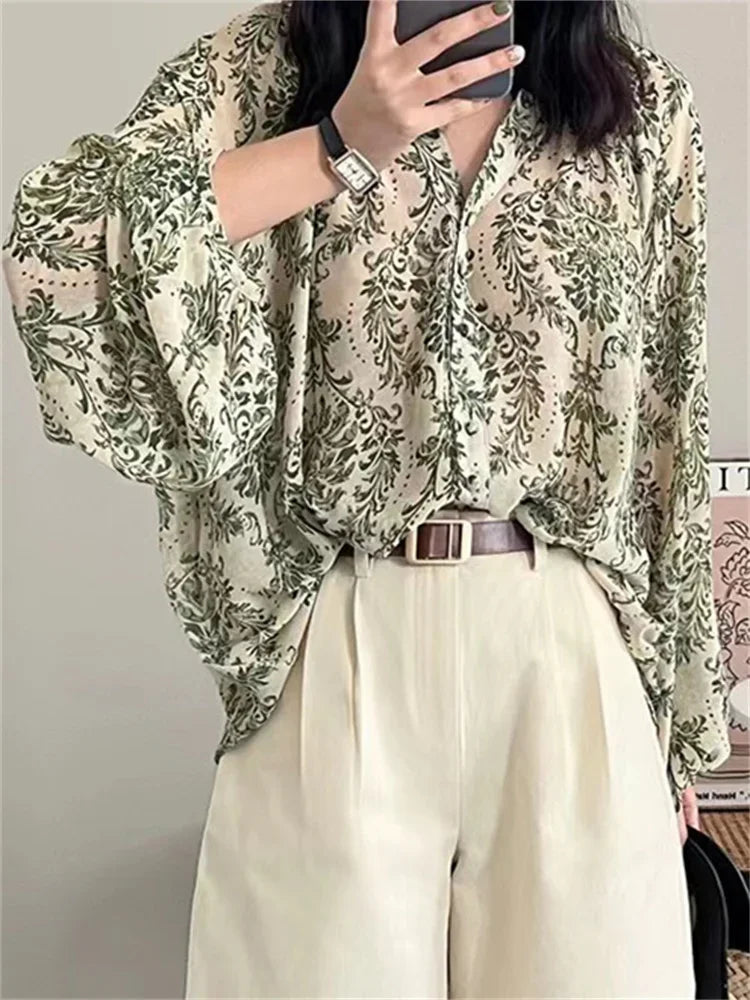 Summer V Neck Lantern Sleeve Loose Blouses Shirts Tops Vintage Boho Floral Print Chiffon Shirts Women's Sunscreen Shirt