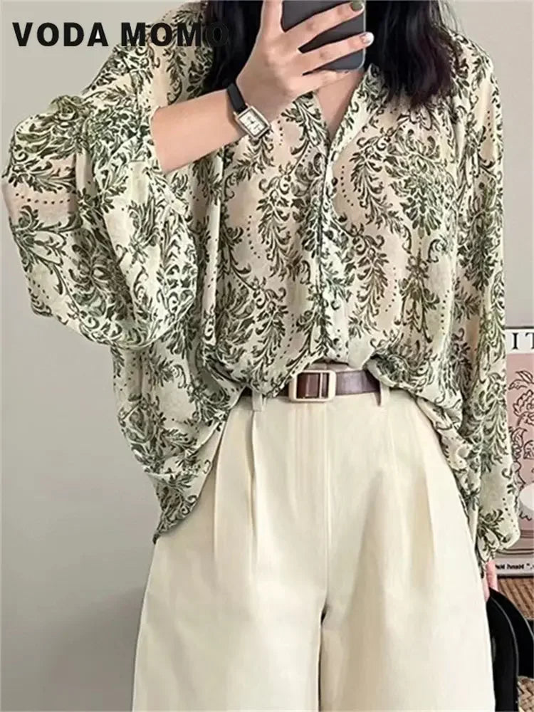 Summer V Neck Lantern Sleeve Loose Blouses Shirts Tops Vintage Boho Floral Print Chiffon Shirts Women's Sunscreen Shirt