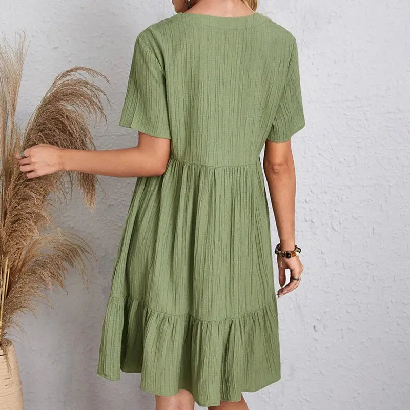 Summer Solid Dress Women Casual Bohemian v Neck Short Sleeve Ruffles Loose a Line Mini Dress Elegant Beach Party Vestidos Street Goodlifetree
