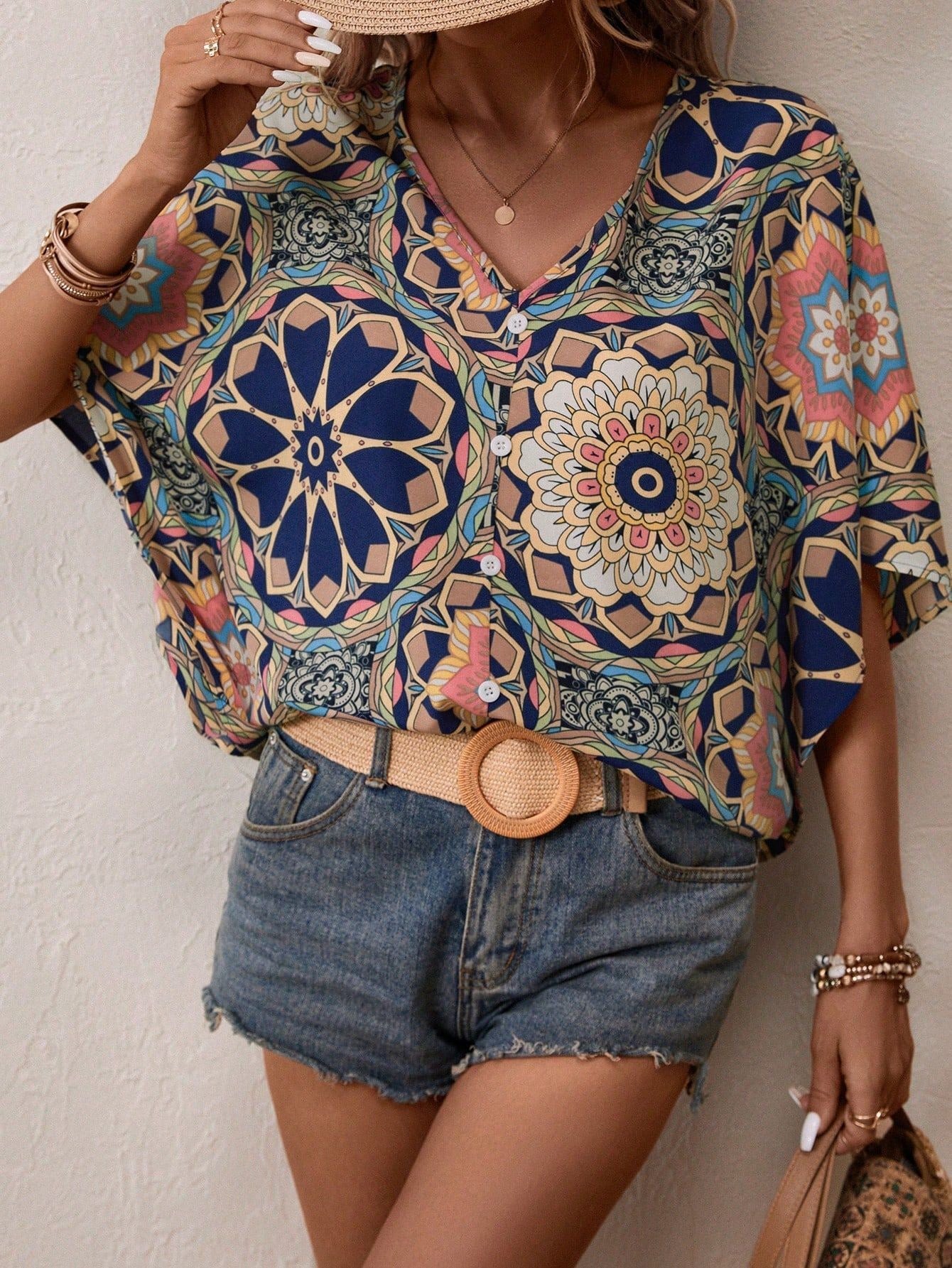 Boho Print V-Neck Short Sleeve Top – Summer Casual Goodlifetree