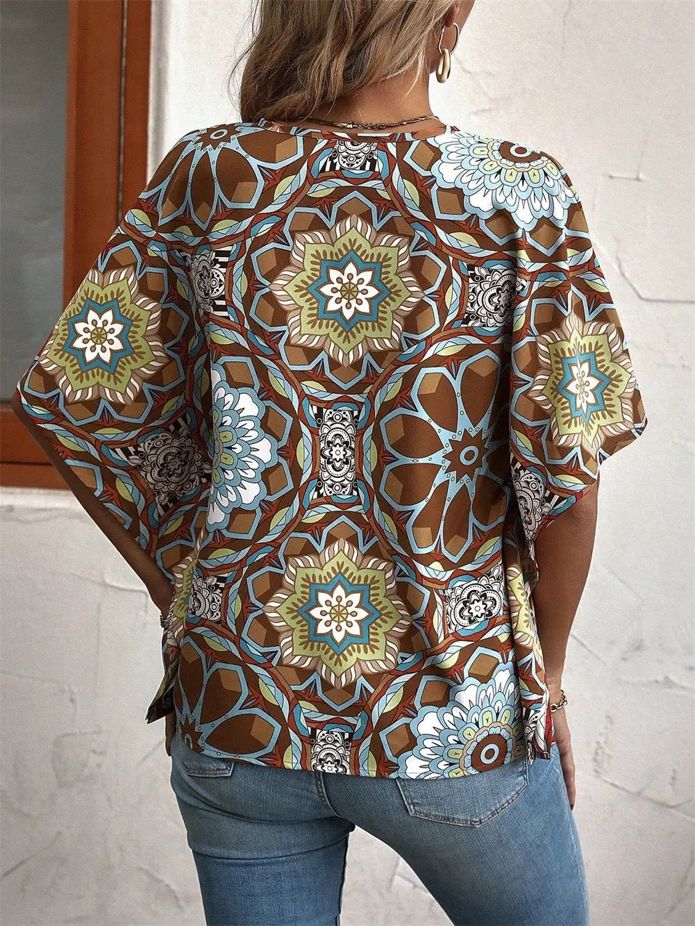Boho Print V-Neck Short Sleeve Top – Summer Casual Goodlifetree