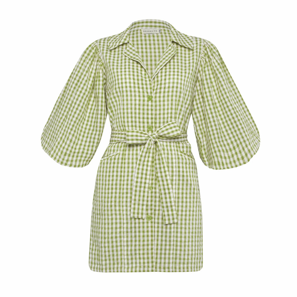 The Meghan Gingham Mini Dress in Olive Green DC-BrunnaCo
