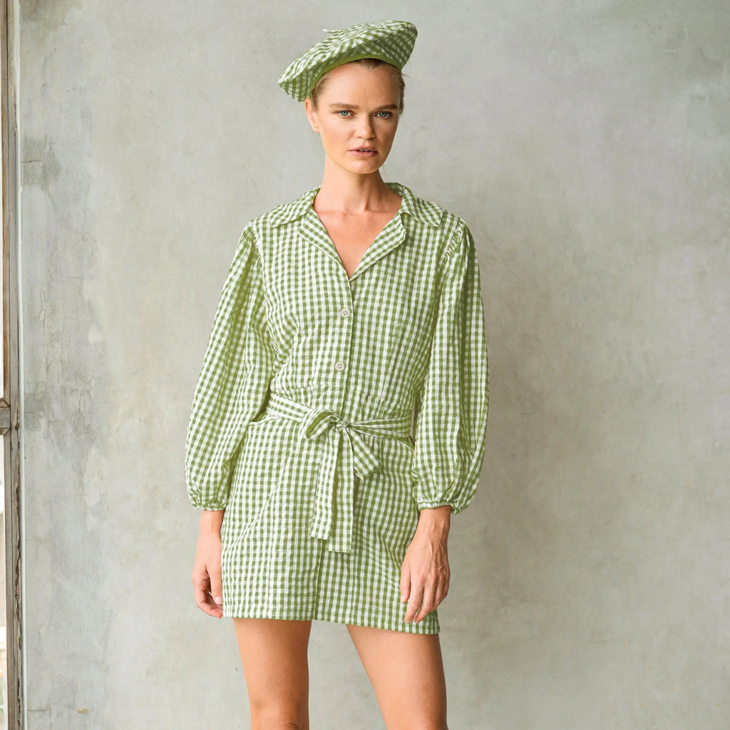 The Meghan Gingham Mini Dress in Olive Green DC-BrunnaCo
