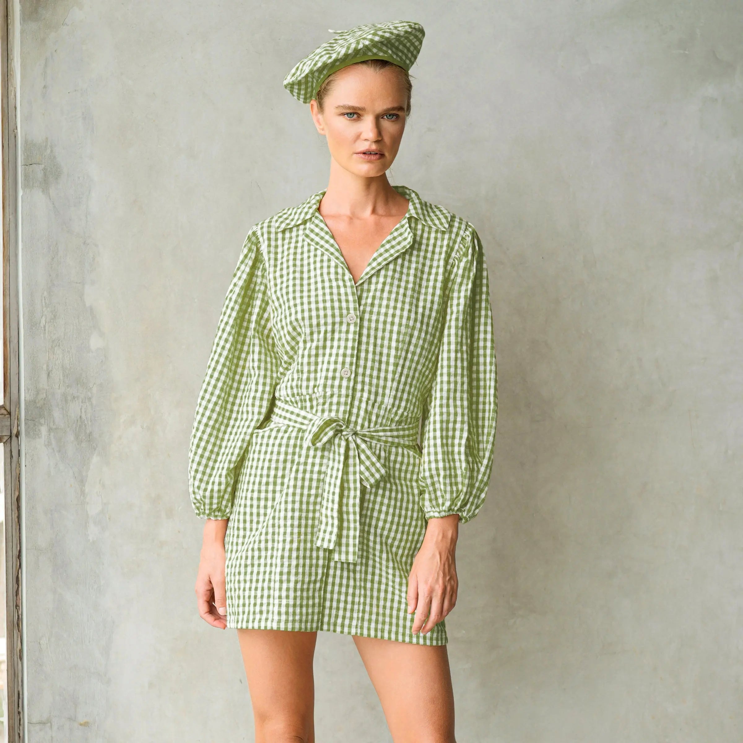 The Meghan Gingham Mini Dress in Olive Green DC-BrunnaCo