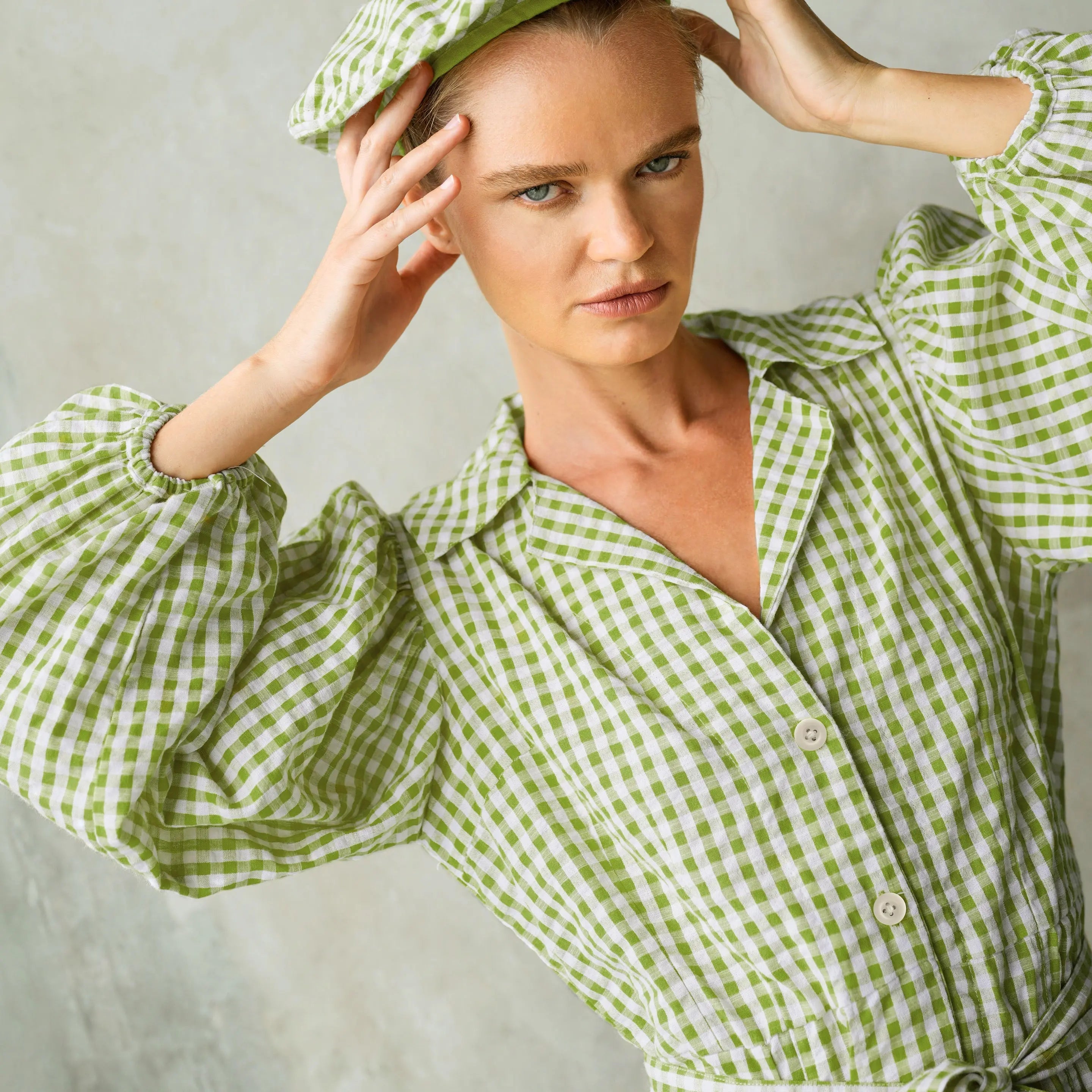 The Meghan Gingham Mini Dress in Olive Green DC-BrunnaCo