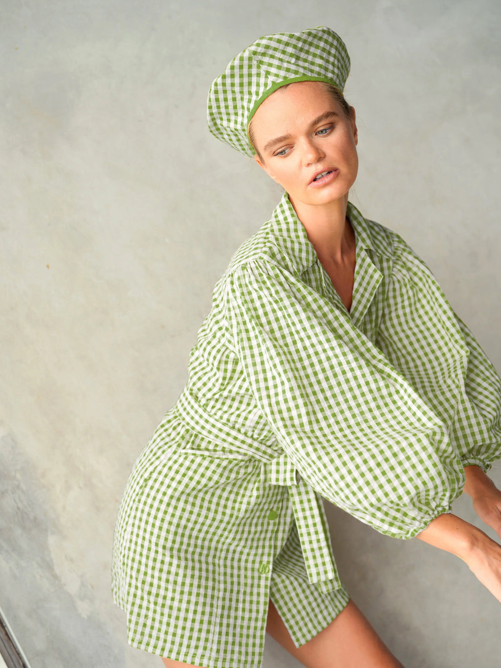 The Meghan Gingham Mini Dress in Olive Green DC-BrunnaCo