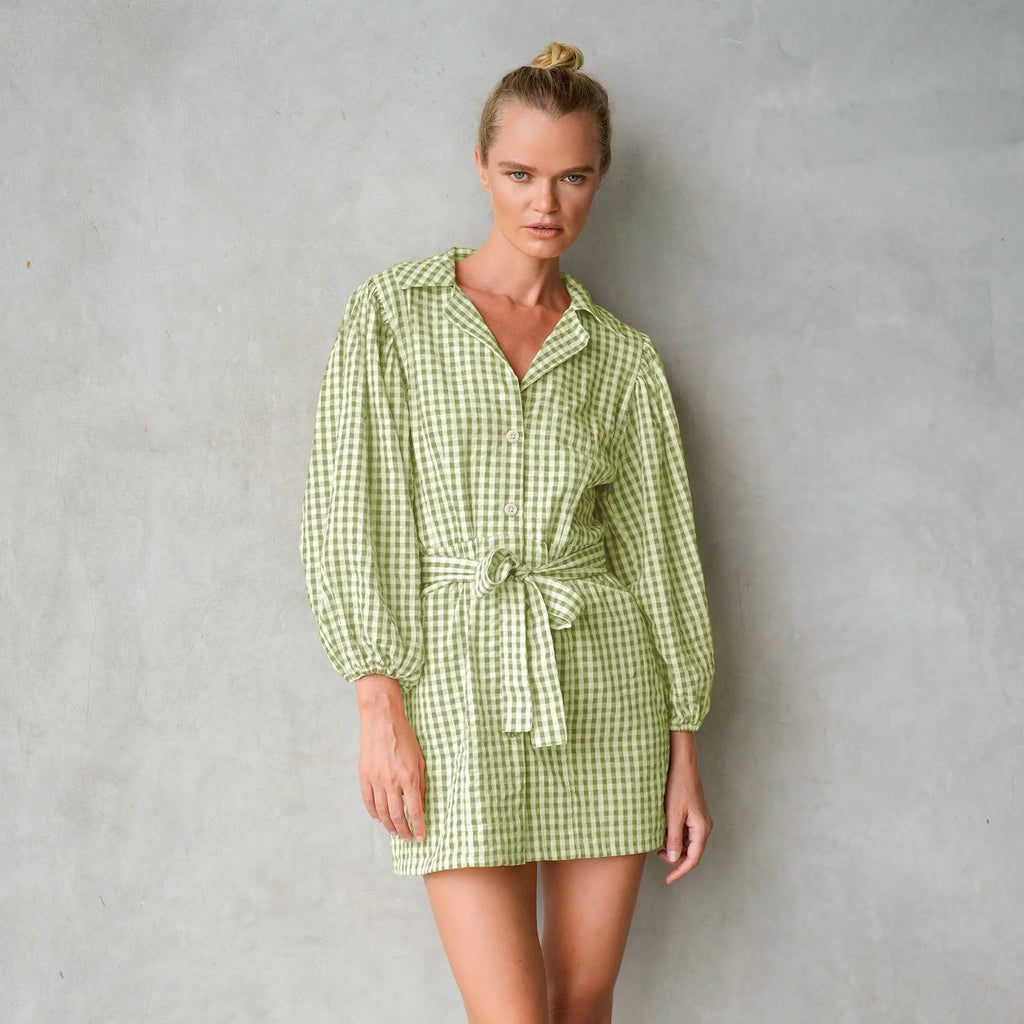 The Meghan Gingham Mini Dress in Olive Green DC-BrunnaCo