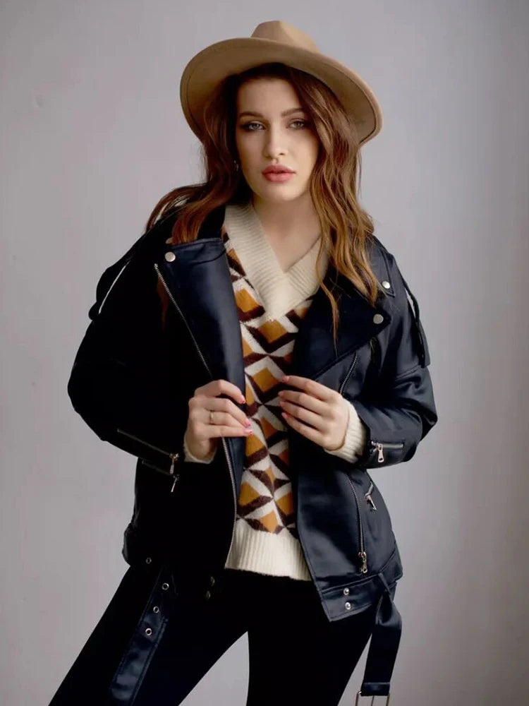Fitaylor PU Faux Leather Jacket Women Loose Sashes Casual Biker Jackets Outwear Female Tops BF Style Black Leather Jacket Coat Goodlifetree