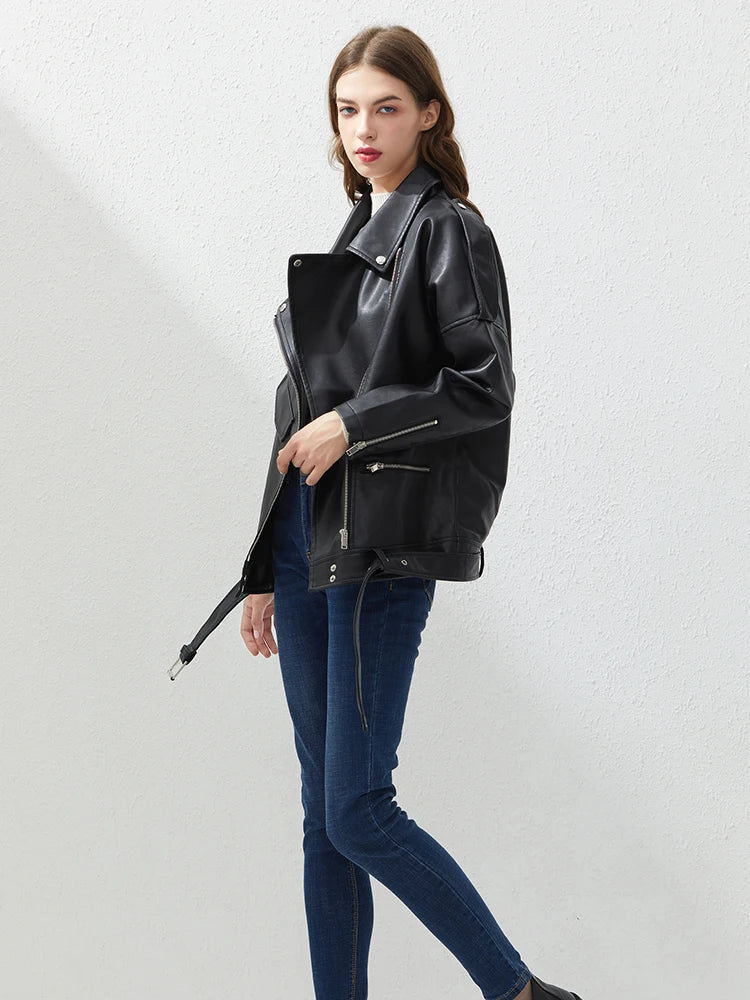 Fitaylor PU Faux Leather Jacket Women Loose Sashes Casual Biker Jackets Outwear Female Tops BF Style Black Leather Jacket Coat Goodlifetree