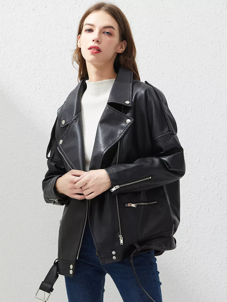 Fitaylor PU Faux Leather Jacket Women Loose Sashes Casual Biker Jackets Outwear Female Tops BF Style Black Leather Jacket Coat Goodlifetree