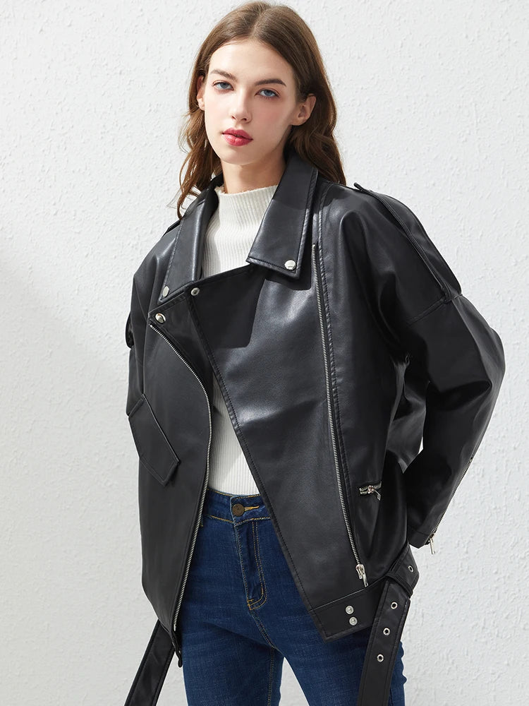 Fitaylor PU Faux Leather Jacket Women Loose Sashes Casual Biker Jackets Outwear Female Tops BF Style Black Leather Jacket Coat Goodlifetree