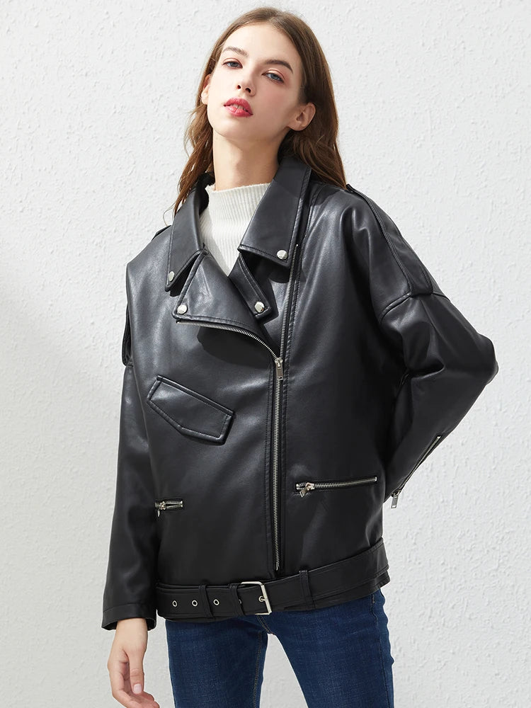 Fitaylor PU Faux Leather Jacket Women Loose Sashes Casual Biker Jackets Outwear Female Tops BF Style Black Leather Jacket Coat Goodlifetree
