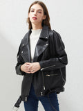 Fitaylor PU Faux Leather Jacket Women Loose Sashes Casual Biker Jackets Outwear Female Tops BF Style Black Leather Jacket Coat Goodlifetree