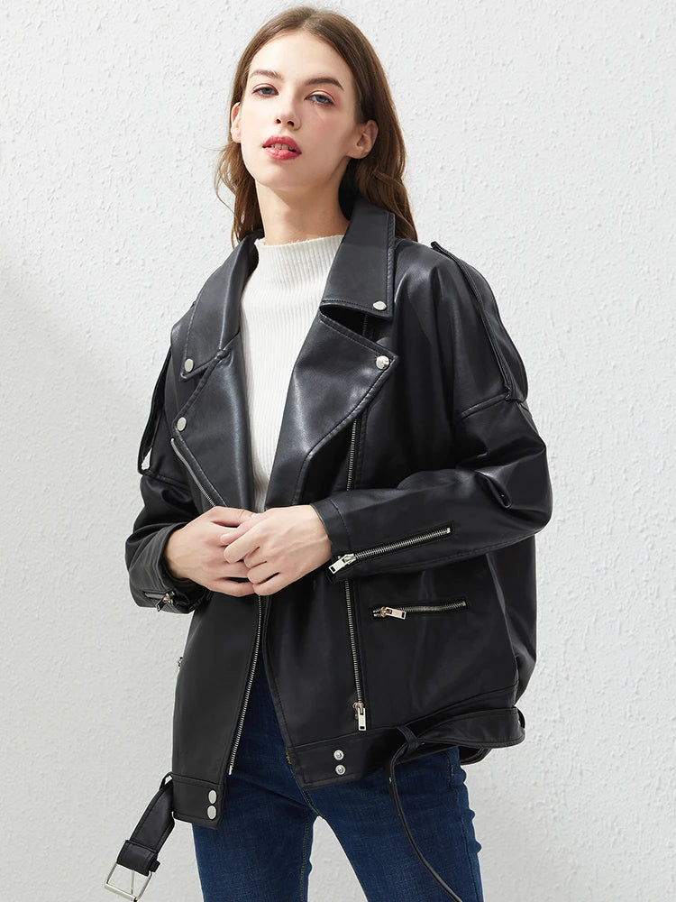 Fitaylor PU Faux Leather Jacket Women Loose Sashes Casual Biker Jackets Outwear Female Tops BF Style Black Leather Jacket Coat Goodlifetree
