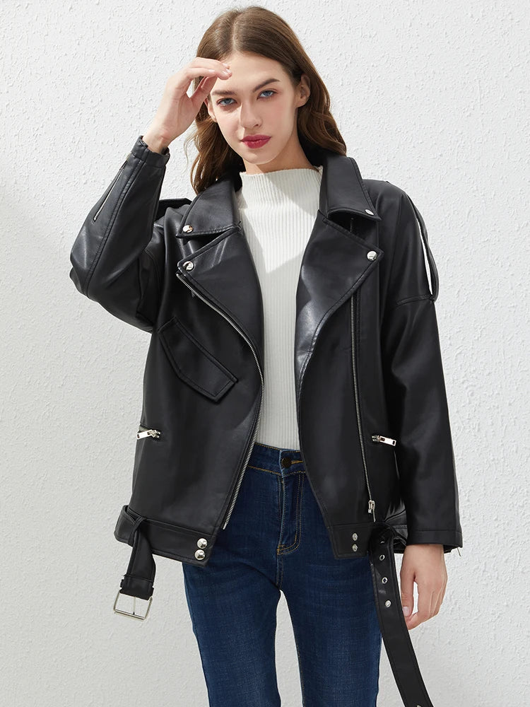Fitaylor PU Faux Leather Jacket Women Loose Sashes Casual Biker Jackets Outwear Female Tops BF Style Black Leather Jacket Coat Goodlifetree