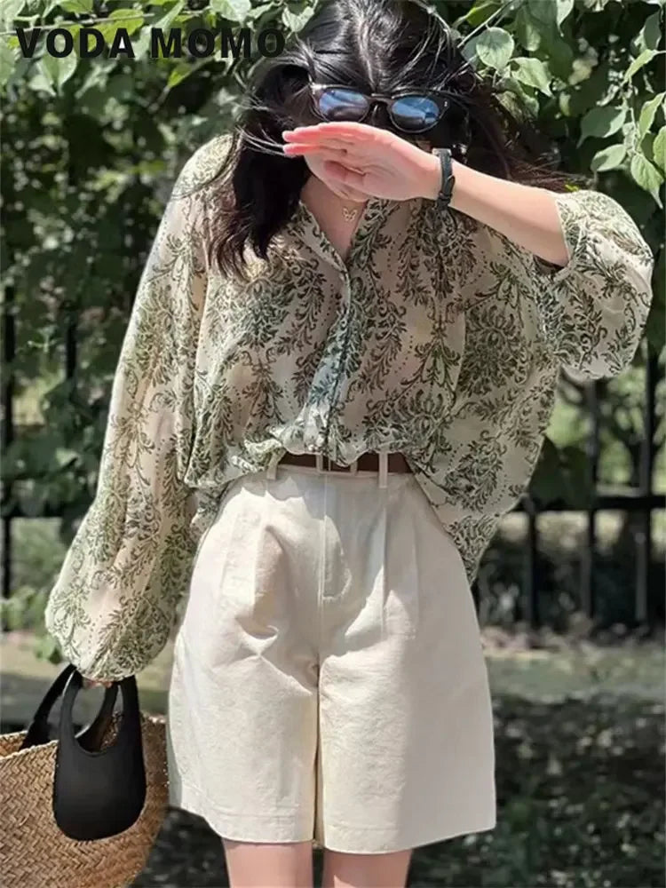 Summer V Neck Lantern Sleeve Loose Blouses Shirts Tops Vintage Boho Floral Print Chiffon Shirts Women's Sunscreen Shirt