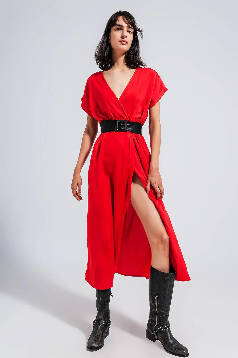 Short Sleeve Satin Maxi Dress in Red Q2