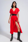 Short Sleeve Satin Maxi Dress in Red Q2