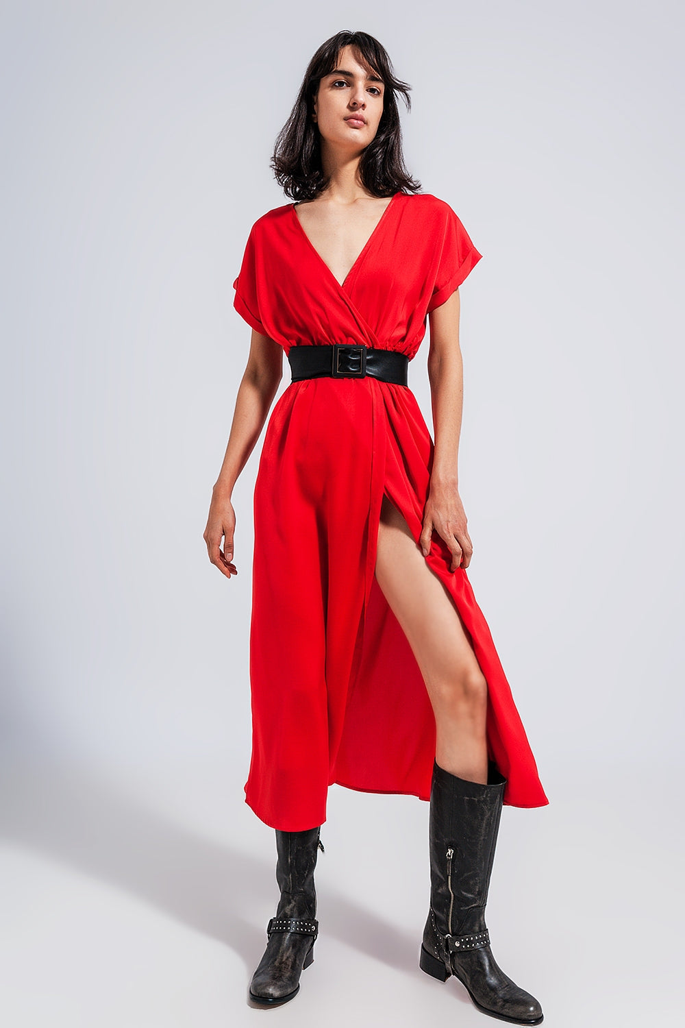 Short Sleeve Satin Maxi Dress in Red Q2
