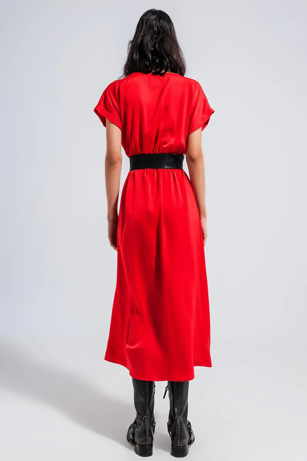Short Sleeve Satin Maxi Dress in Red Q2