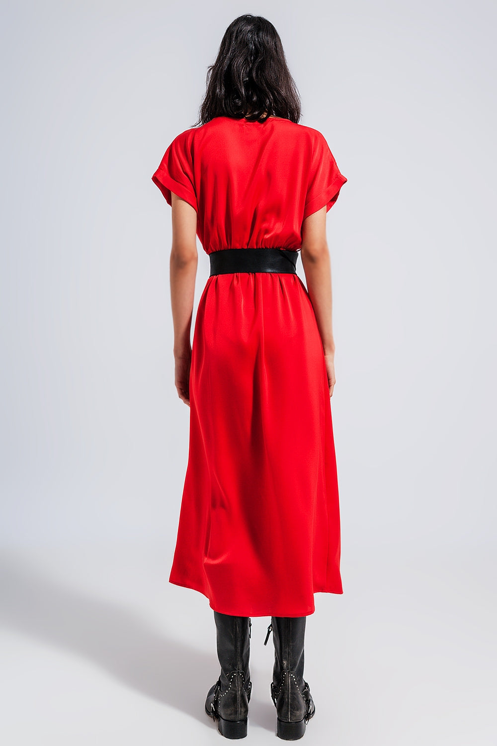 Short Sleeve Satin Maxi Dress in Red Q2